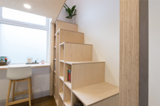 mezzanine-lofts-bespoke-stairs-storage-birch-ply-Scandinavian-loft-lights-studio-flat-london